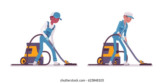 Set of male and female smiling young janitor in a blue suit, vacuum cleaning the floor, professional home and office service, isolated on white background