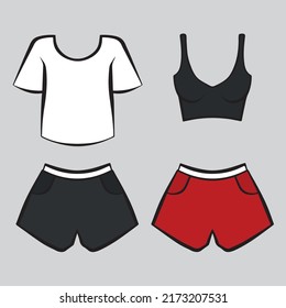 Set of male and female sport clothes. Black top and red shorts for women, white T-shirt and black shorts for men. Clothes icon design.