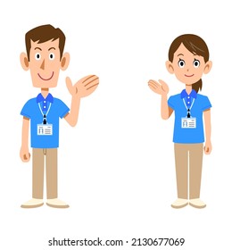 A set of male and female staff wearing name tags in short-sleeved polo shirts guided by the palm of your hand