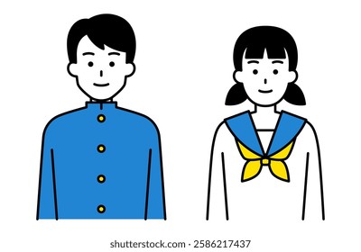 Set of male and female students facing forward