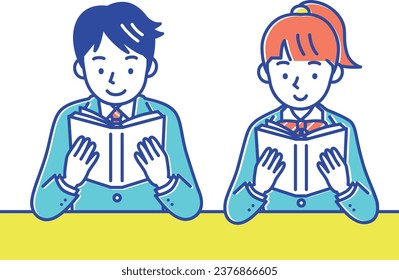 Set of male and female students in uniform reading books