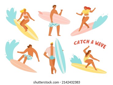 Set of male and female surfers enjoying surfing lifestyle. Vector illustration of active summer vacation concept in trendy retro style.