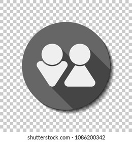 Set of male and female symbols. Simple icon. White flat icon with long shadow in circle on transparent background. Badge or sticker style