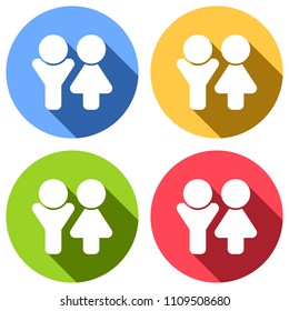 Set of male and female symbols. Simple icon. Set of white icons with long shadow on blue, orange, green and red colored circles. Sticker style