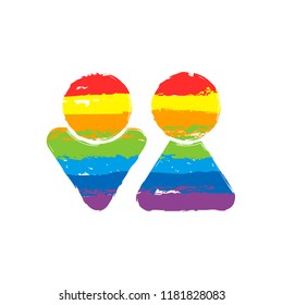 Set of male and female symbols. Simple icon. Drawing sign with LGBT style, seven colors of rainbow (red, orange, yellow, green, blue, indigo, violet