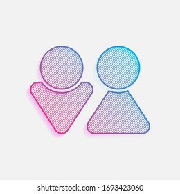 Set of male and female symbols. Simple icon. Colored logo with diagonal lines and blue-red gradient. Neon graphic, light effect