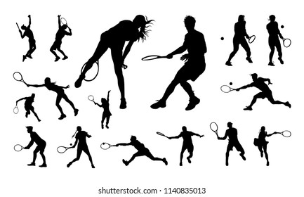 Set Of Male And Female Tennis Player Silhouette Vector Illustration