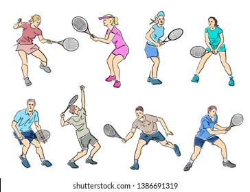 Set of male and female tennis players. Colorful flat illustration.. Hand drawn silhouette. Abstract isolated contours and pastel colors. Active pose. Vector outlines.