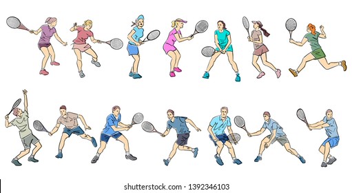 Set of male and female tennis players. Colorful flat illustration. Isolated contour and pastel colors. Abstract drawing. Vector sport cartoon.