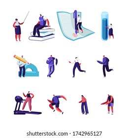 Set of Male and Female Tiny Characters Teachers with Huge Equipment Check Homework and Conduct Lesson, People Sport Exercising in Gym Isolated on White Background. Cartoon Vector Illustration, Icons