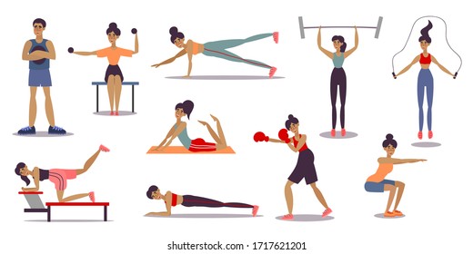 Set of male and female trainers doing different sport exercises in a gym. Vector illustration in flat cartoon style.