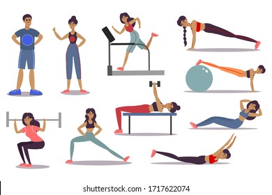 Set of male and female trainers doing different sport exercises in a gym. Vector illustration in flat cartoon style.