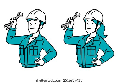 Set of male and female workers holding a wrench