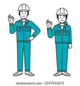 Set of male and female workers making OK signs (full body)