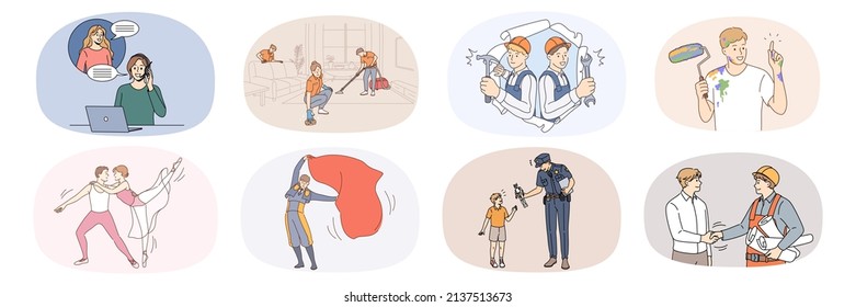 Set of male and female workers with occupations. Collection of diverse people and professions or jobs. Call canter agent, housekeeper and mechanic. Dancer, policeman, engineer. Vector illustration. 