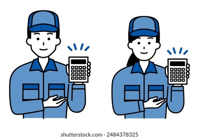 Set of male and female workers showing calculators