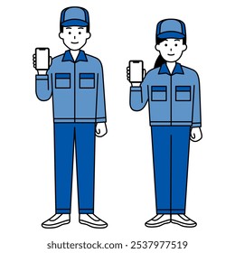 Set of male and female workers showing smartphone screens