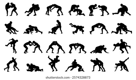 Set of male and female wrestling sport silhouette vector illustrations