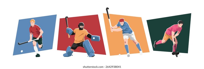 Set of male field hockey player character in action. Sport, activity. Flat vector cartoon illustration.