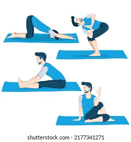 A set of male figure yoga postures 4 Yoga poses in a flat design. Male figures exercise in blue sportswear. Vector Illustration.