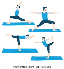 A set of male figure yoga postures 4 Yoga poses in a flat design. Male figures exercise in blue sportswear. Vector Illustration.