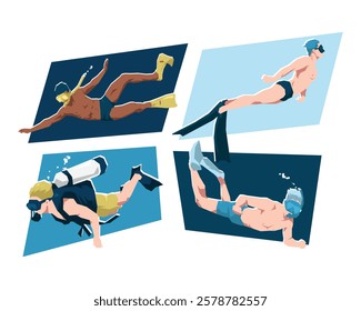 Set of male free diver, snorkeling, and scuba diver. Swimmer character. Underwater sport. Flat vector illustration.