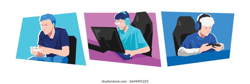 Set of male gamer, professional esport, cyber sport. Dynamic pose, activity. Cartoon flat vector illustration.