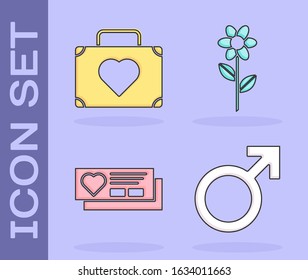 Set Male gender symbol, Suitcase for travel with heart, Ticket with heart and Flower icon. Vector