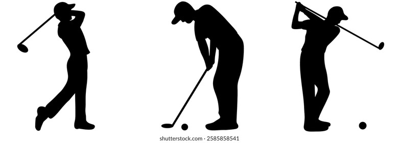 Set of male golf player shadow on transparent background