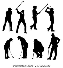 Set of male golf player silhouettes, types of poses