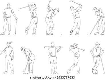 conjunto de boceto de golfistas masculinos, sobre vector de fondo blanco