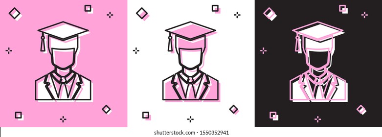 Set Male graduate student profile with gown and graduation cap icon isolated on pink and white, black background.  Vector Illustration