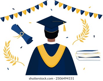 Set with male graduate view from the back and graduation attributes. Diploma, cap with tassel, books, laurel branches, garland and confetti. Design elements for card, poster, scrapbooking, stickers