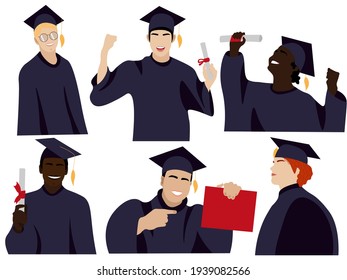 A set of male graduates of different races. African, Irish, Asian, Slavic, Arab.