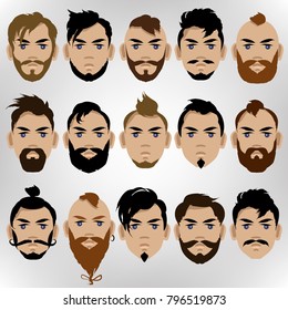 Set of male hairstyles, beard and mustache. Vector colorful illustration.