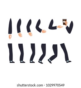 Set of male hands and legs vector illustration with lot of body parts in different positions, one cup with drink, black suit and shoe, white backdrop