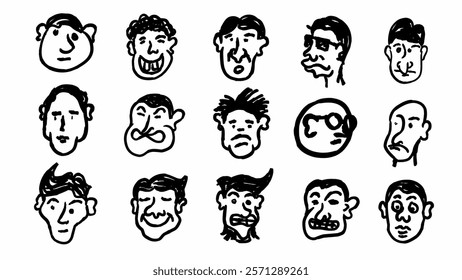 Set of male head cartoon characters, fun caricature face vector design isolated on white background