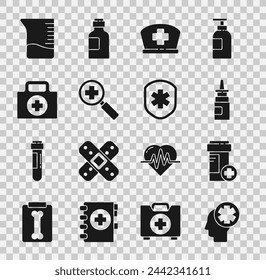 Set Male head with hospital, Medicine bottle, Bottle nasal spray, Nurse hat cross, Magnifying glass for search medical, First aid kit, Measuring cup and Medical shield icon. Vector