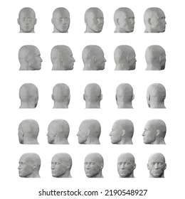 Set with male head model in different positions isolated on white background. The head turns fifteen degrees. 3D. Vector illustration.