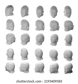 Set with male head model in different positions isolated on white background. The head turns fifteen degrees. Isometric view. 3D. Vector illustration.
