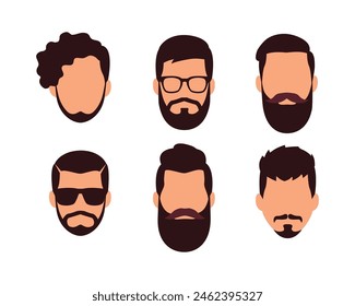 Set of male heads in cartoon style.Vector illustration of men's heads with various hairstyles, short and long beards with mustaches, glasses with dark and light glasses isolated on a white background.