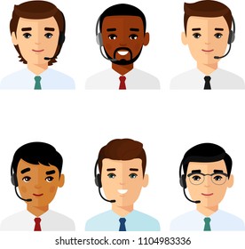 Set of male helpline operator with headset consulting a client. Call center avatar of online customer support service assistants with headphones. Online global tech support 24/7.