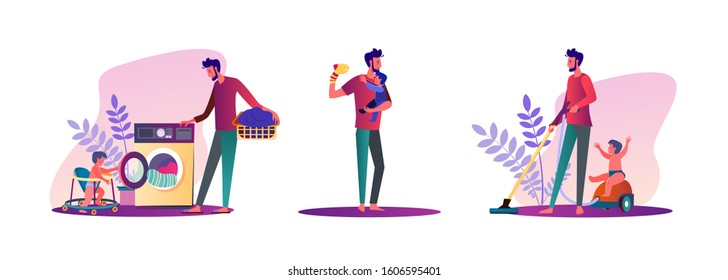 Set of male homemakers doing housework. Flat vector illustrations of young man playing with child, cleaning floor, doing laundry. Daily routine concept for banner, website design or landing web page