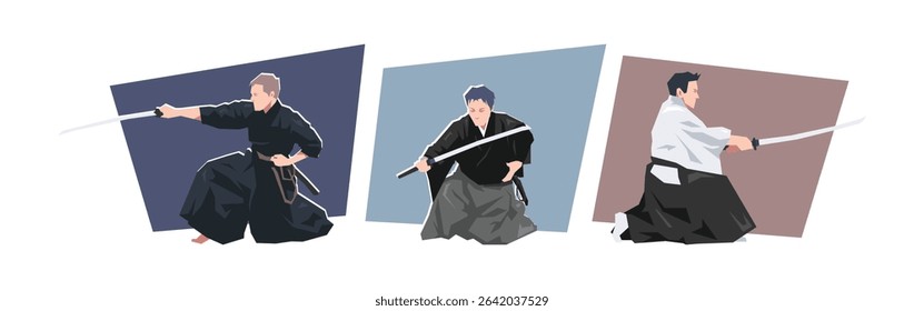 Set of male iaido character. Dynamic pose. Sport, martial arts. Cartoon flat vector illustration.