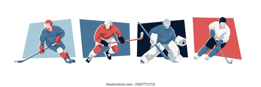 Set of male ice hockey players. ice hockey athlete character. Isolated on white background. Flat vector illustration.