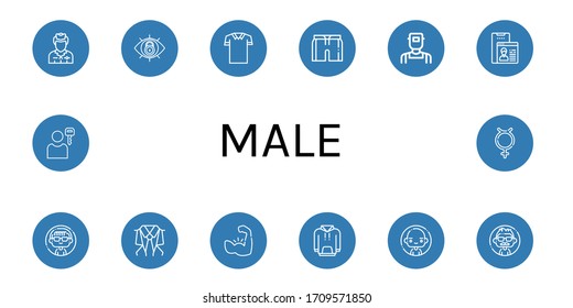 Conjunto de iconos masculinos. Tal como azafata de vuelo, vista, pantalones de polo, corto, soldadura, usuario, mujer, traje, muslo, hoodie, hombre, hermafrodita , iconos masculinos