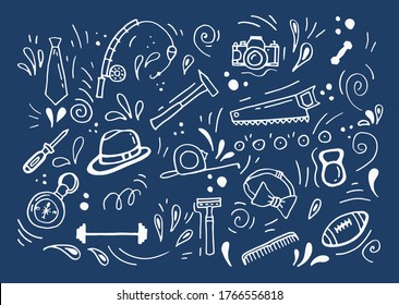 Set of male items in doodle style. Tie, fishing rod, camera, dumbbell, screwdriver, hat, hammer, saw, tape measure, compass, bow, kettlebell, barbell, razor, grove, ball.