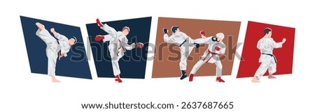 Set of male karateka in action, dynamic pose. Sport, karate, martial arts. Cartoon flat vector illustration.
