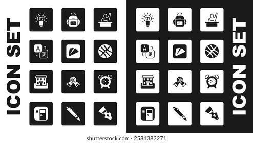 Set Male kid raising hand, Paper airplane, Translator, Light bulb, Basketball ball, School backpack, Alarm clock and building icon. Vector