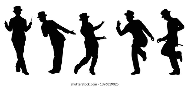 Set of male magician silhouette vector on white, showing men on stage.